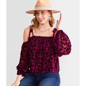 Jacquie The Label Purple Floral Velvet Cold Shoulder Top Size Small Boho